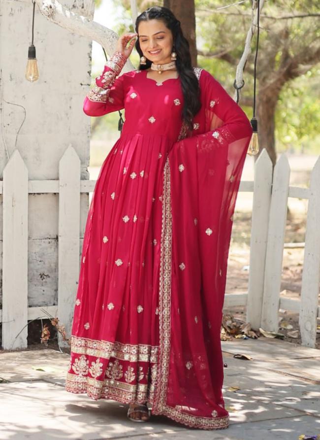 Faux Blooming Pink Wedding Wear Embroidery Work Readymade Gown With Dupatta